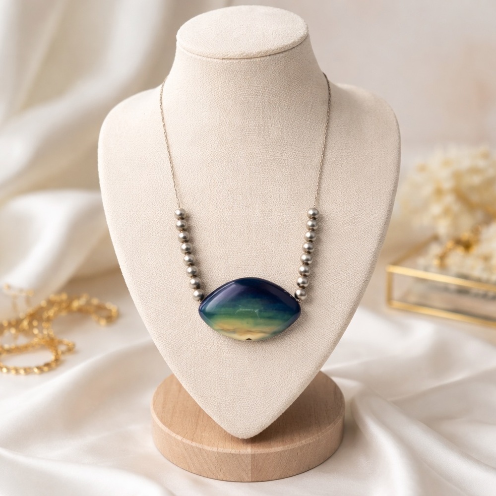 Artisan Handmade Blue Agate Stone and Silver Toned Beaded Necklace